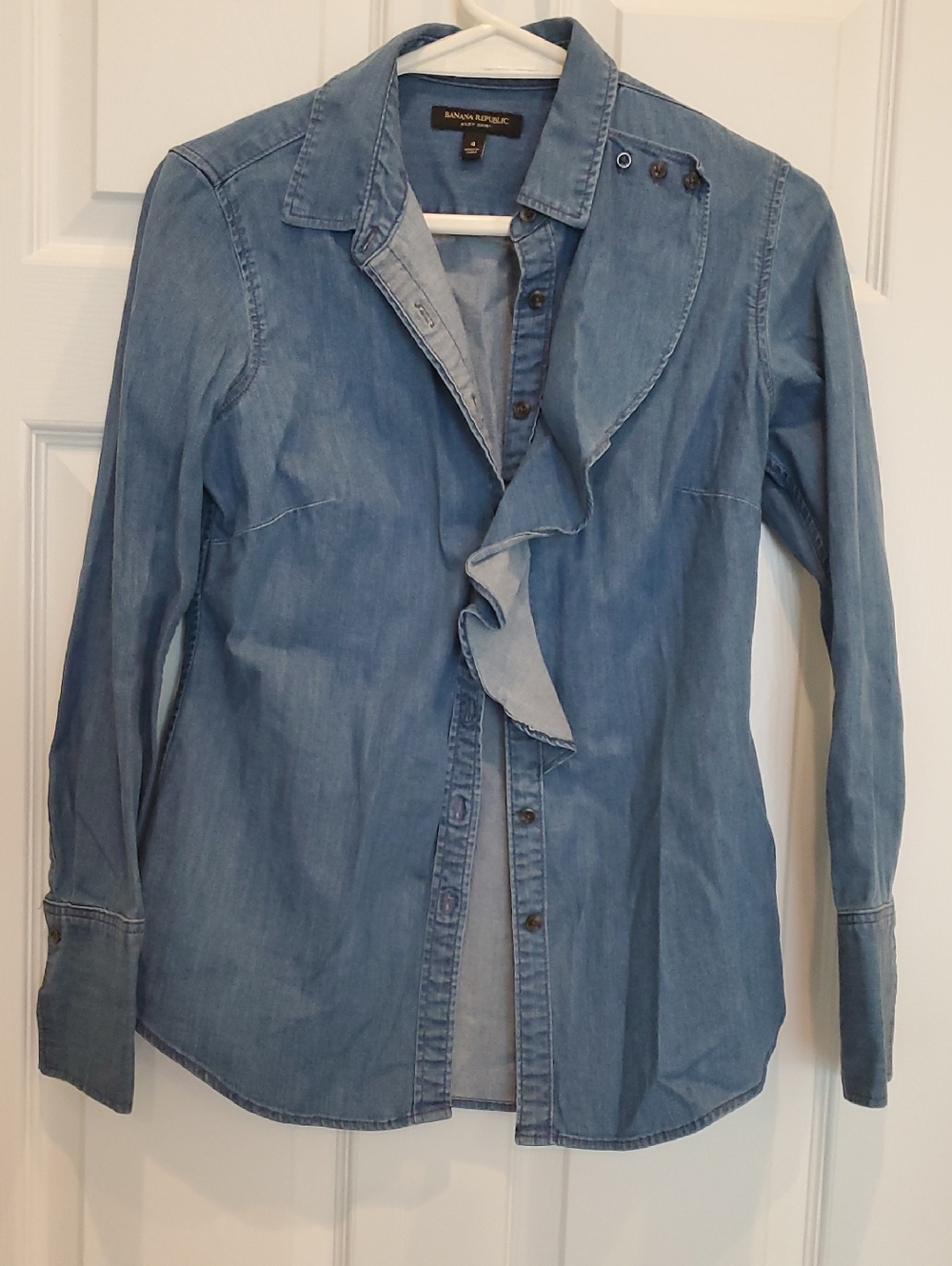 Banana Republic Light Denim Ruffle-Front Button-Down Shirt
